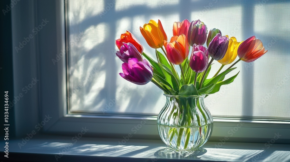 Colorful Tulips in Clear Vase by Window Colorful Tulips in Clear Vase by Window