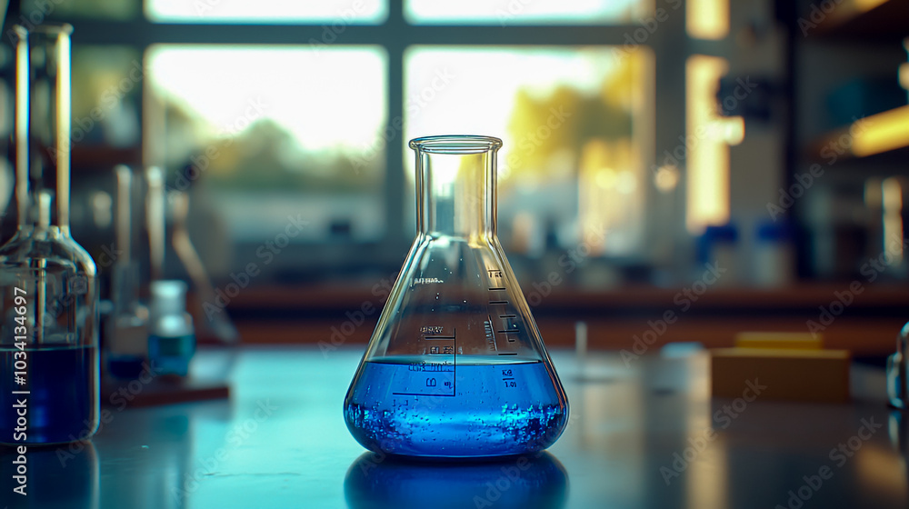 A beaker filled with a blue liquid in the foreground, surrounded by other glassware on an empty table. A beaker filled with a blue liquid in the foreground, surrounded by other glassware on an empty table.