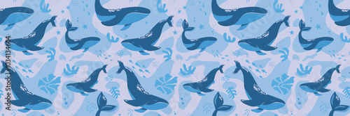Hand drawn marine life. Seamless pattern with wild sea animals, seaweed and corals. Children's illustration on blue background. Cartoon whales and sperm whales bright colors.