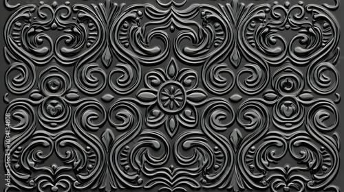 A textured black decorative pattern with intricate floral and swirling designs.