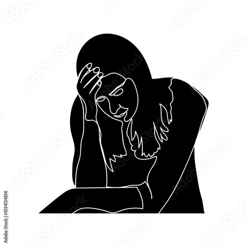 Silhouette of an upset woman, a seated woman holding her head due to a headache