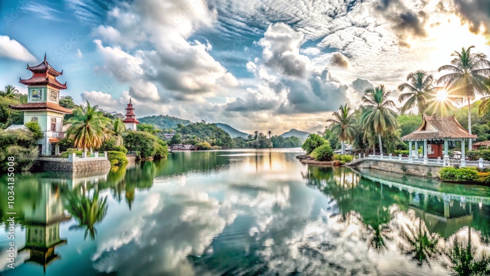 Obraz premium A serene lake with a pagoda and palm trees reflected in the water under a bright blue sky with fluffy clouds.