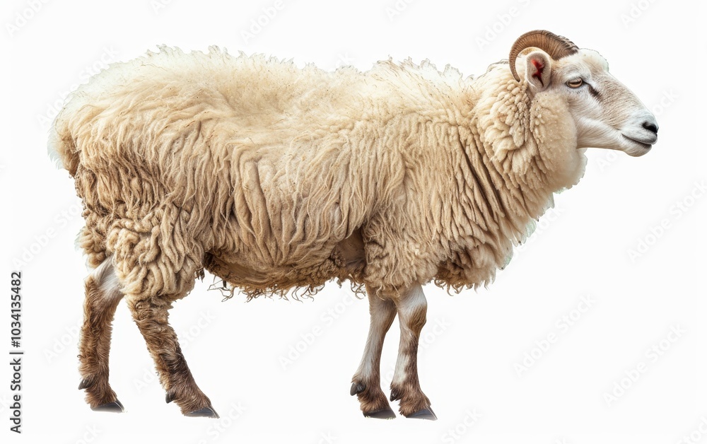 Profile view of a sheep with a full, thick fleece looking to the side, isolated on a white background. Profile view of a sheep with a full, thick fleece looking to the side, isolated on a white background.