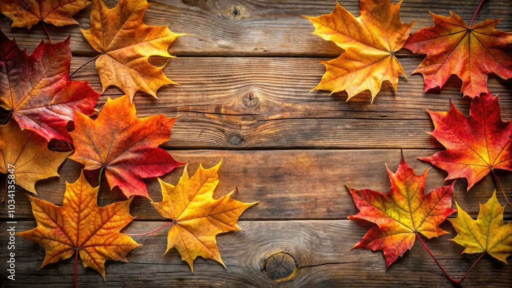 A Rustic Wooden Background Adorned with Vibrant Autumn Leaves, Perfect for Fall-Themed Designs and Projects A Rustic Wooden Background Adorned with Vibrant Autumn Leaves, Perfect for Fall-Themed Designs and Projects