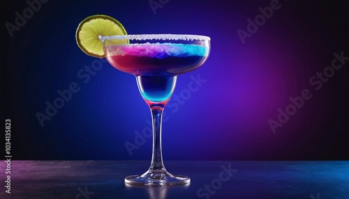 Colorful margarita cocktail with lime wedge on a blue and purple background