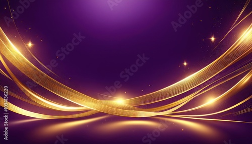 Abstract digital background with gold wave and sparkle, purple background.