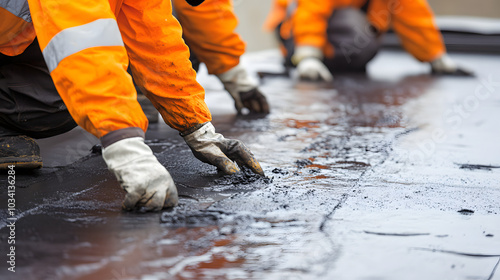 Workers applying asphalt on road, construction crew paving surface, asphalt laying process, roadwork maintenance, paving in progress, construction workers in orange gear, asphalt spread