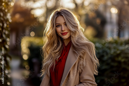 A female influencer with long blonde hair, wearing an elegant beige coat and red blouse.