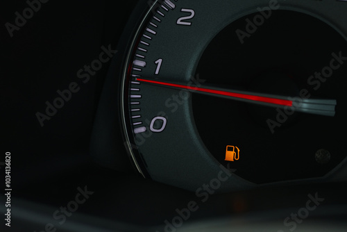 Empty fuel warning light in car dashboard. Fuel pump icon. gasoline gauge dash board in car with digital warning sign of run out of fuel turn on. Low level of fuel show on speedometer dashboard.