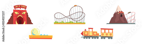 Amusement Park Attraction and Funfair Entertainment Vector Set