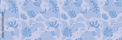 Hand drawn marine life. Seamless pattern with wild sea animals, seaweed and corals. Children's illustration on blue background. Cartoon whales and sperm whales bright colors.