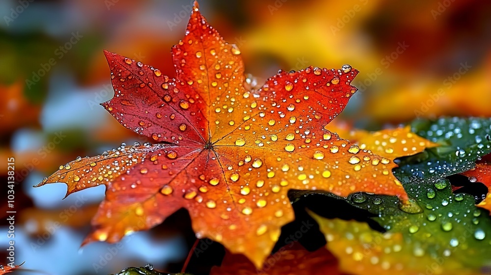A close-up of a vibrant red and orange maple leaf with water droplets. A close-up of a vibrant red and orange maple leaf with water droplets.