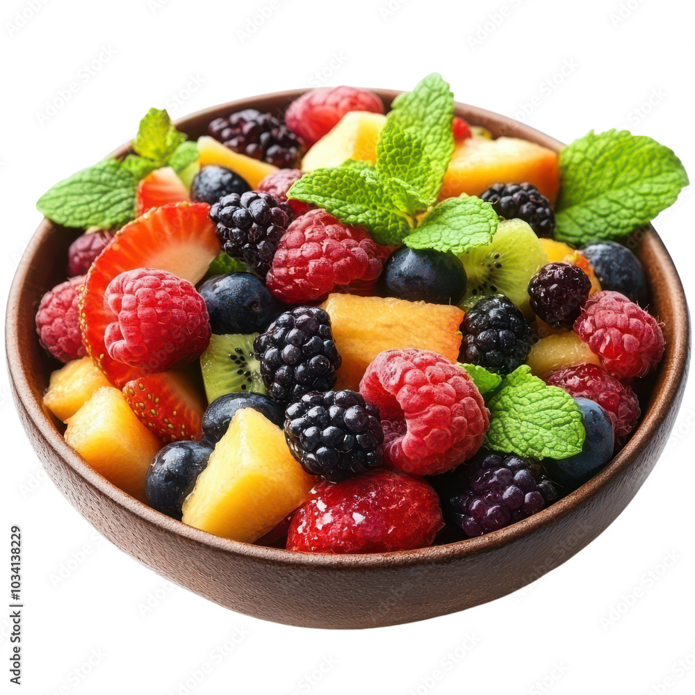 Colorful fruit salad in a wooden bowl with fresh mint leaves Colorful fruit salad in a wooden bowl with fresh mint leaves