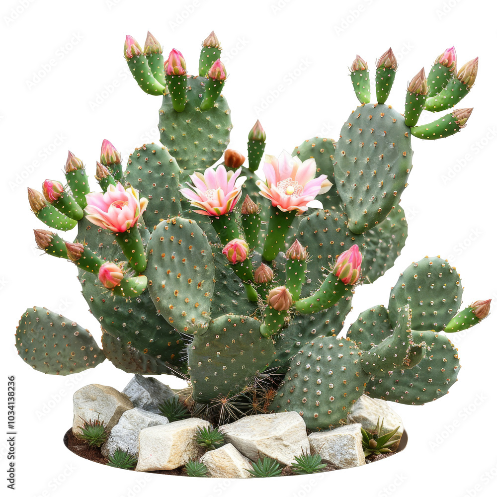 Blooming cactus with vibrant flowers and green pads in a decorative rock garden during daylight hours Blooming cactus with vibrant flowers and green pads in a decorative rock garden during daylight hours