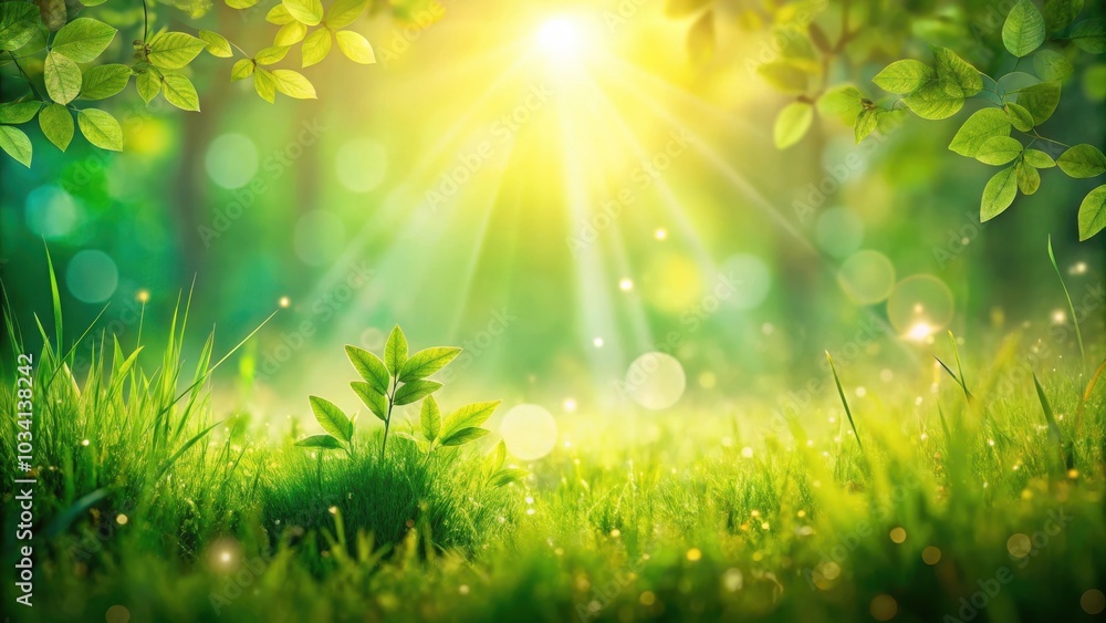 Obraz premium Sunlight filtering through lush green foliage, illuminating a meadow with dew-kissed grass and a young plant, creating a serene and vibrant scene.