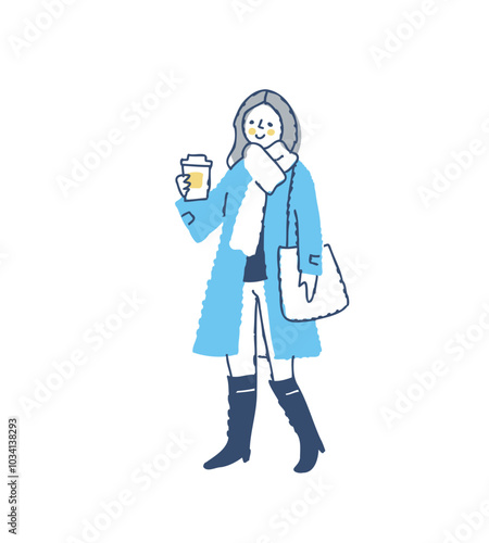 テイクアウトのドリンクを持っている冬服の女性