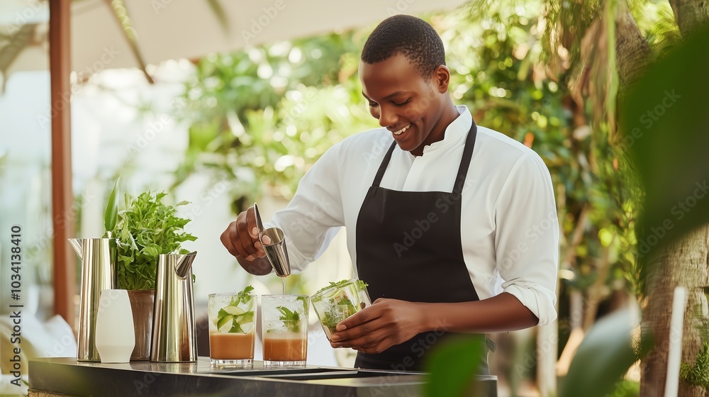 Bartender preparing refreshing cocktails with fresh mint at an outdoor bar during a sunny afternoon