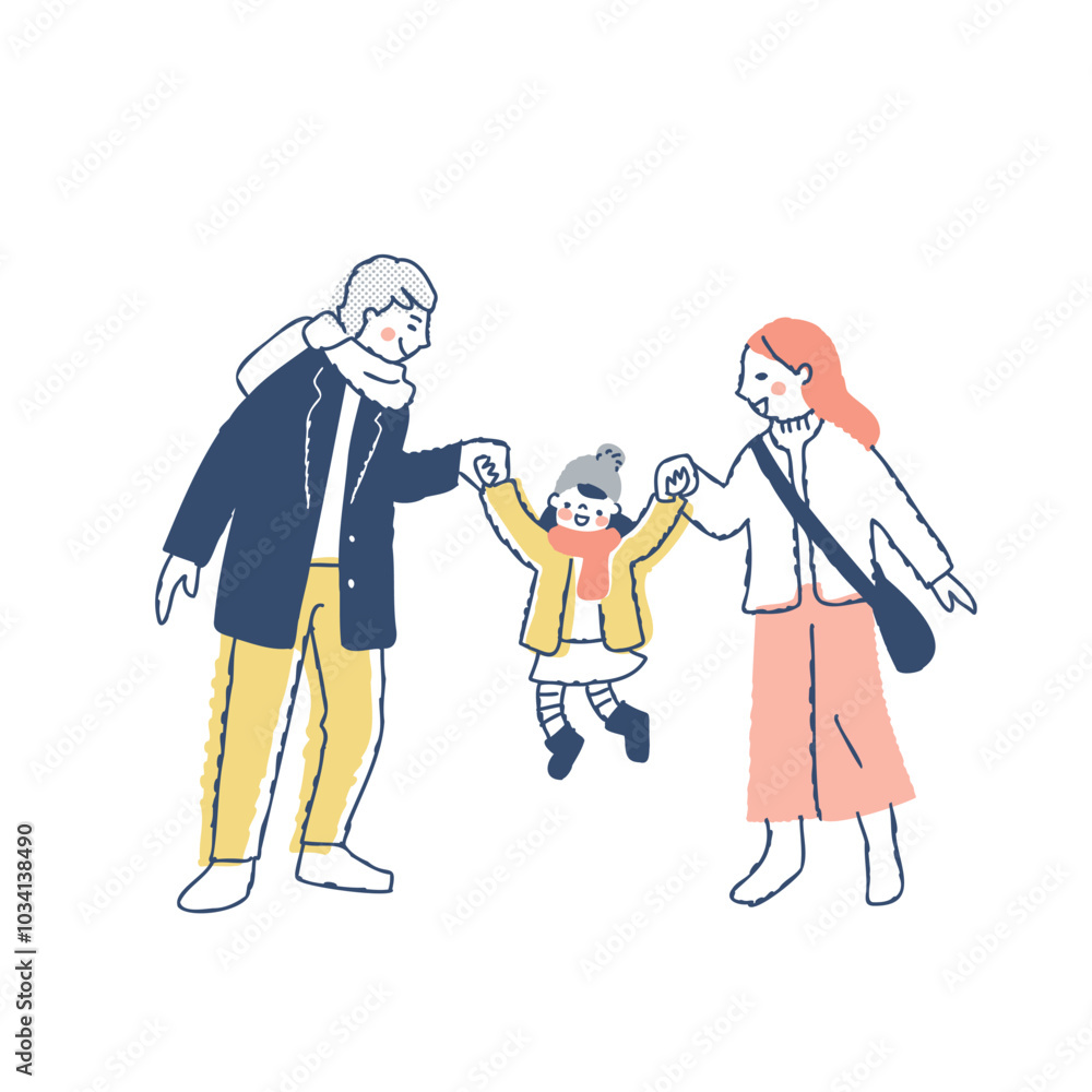 子供と手つなぎジャンプをしている冬服の家族 子供と手つなぎジャンプをしている冬服の家族