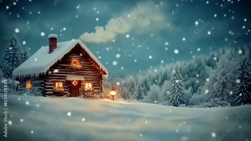 A cozy wooden cabin with glowing windows and smoke rising from the chimney, nestled in a snow-covered forest under a starry night sky. A cozy wooden cabin with glowing windows and smoke rising from the chimney, nestled in a snow-covered forest under a starry night sky.