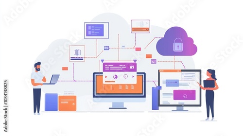 Illustration of a digital workspace with cloud computing and data management elements.