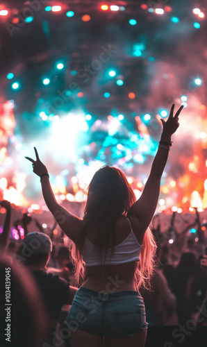 Back view of a young woman with long hair raising her hands in a peace sign, enjoying the energy of a concert under vibrant stage lights, with a blurred crowd in the background