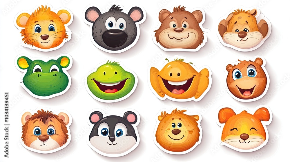 A playful vector set of cartoon animal stickers with smiling faces on a white background A playful vector set of cartoon animal stickers with smiling faces on a white background
