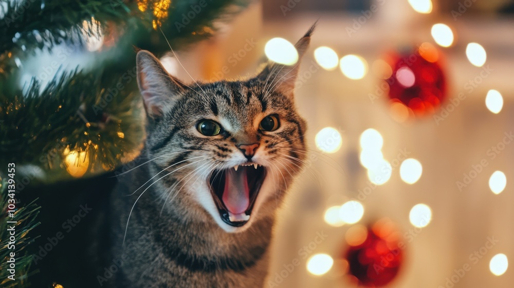Cat plays under the Christmas tree Cat plays under the Christmas tree