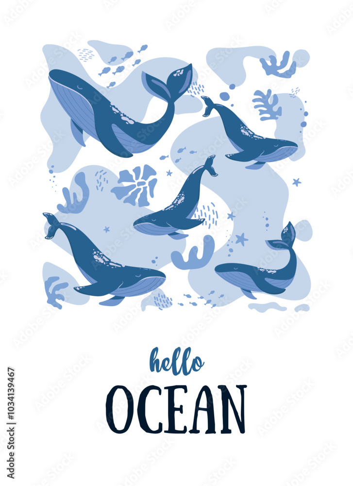 Sea postcard with ocean animals.Hello ocean.Vector illustration with underwater life.Sea world dwellers,cute underwater creatures,coral reef inhabitants in their natural habitat. Sea postcard with ocean animals.Hello ocean.Vector illustration with underwater life.Sea world dwellers,cute underwater creatures,coral reef inhabitants in their natural habitat.