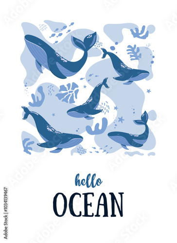 Sea postcard with ocean animals.Hello ocean.Vector illustration with underwater life.Sea world dwellers,cute underwater creatures,coral reef inhabitants in their natural habitat.