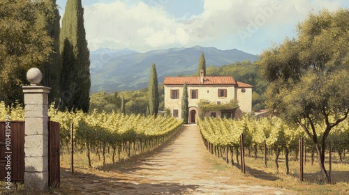 A peaceful vineyard in Tuscany, Italy, with rows of grapevines leading to a rustic villa.