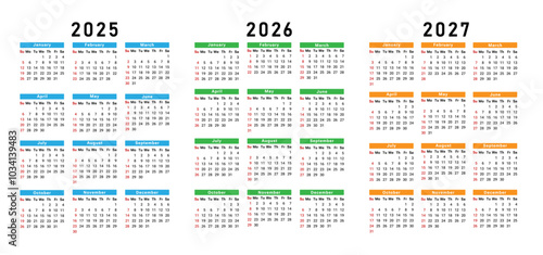 Set of calendars for 2025, 2026, and 2027 with 12-month sheet designs. Week starts on Sunday. Desk calendar design. Vector illustration.