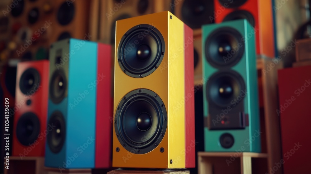 Obraz premium Speakers on wooden table