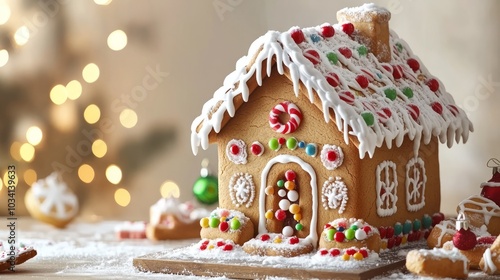 A gingerbread house decorated with candy and frosting, with a blurry background of Christmas lights.