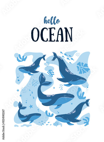 Sea postcard with ocean animals.Hello ocean.Vector illustration with underwater life.Sea world dwellers,cute underwater creatures,coral reef inhabitants in their natural habitat.