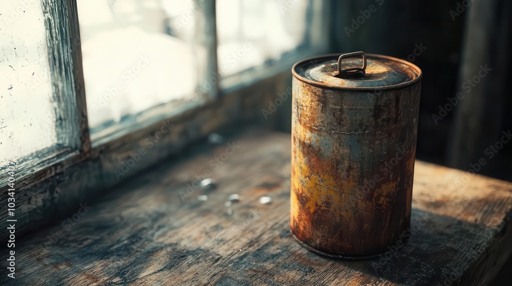 Rustic old metal oil can on a wooden table on a sunny day Rustic old metal oil can on a wooden table on a sunny day