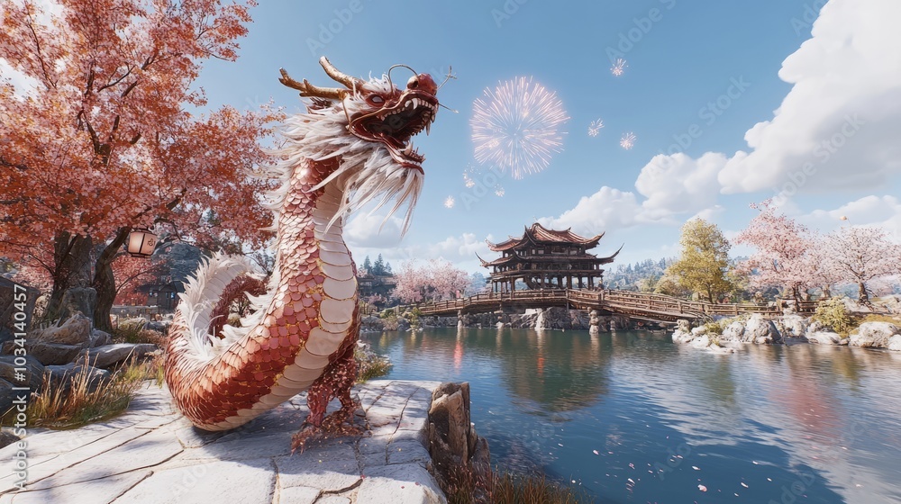 A majestic red dragon stands guard in a serene Asian garden setting with pink cherry blossoms and a traditional wooden bridge over a calm lake. Fireworks bloom overhead. A majestic red dragon stands guard in a serene Asian garden setting with pink cherry blossoms and a traditional wooden bridge over a calm lake. Fireworks bloom overhead.