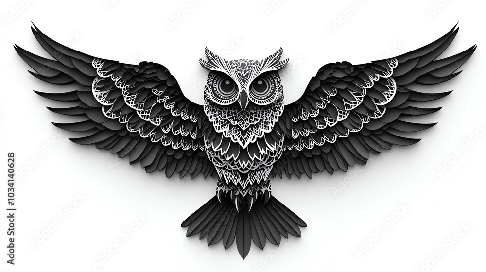 Silhouette of a symmetrical owl with intricate paper cut layers, perfectly mirrored wings and feathers, ideal for wildlife or mystical designs Silhouette of a symmetrical owl with intricate paper cut layers, perfectly mirrored wings and feathers, ideal for wildlife or mystical designs