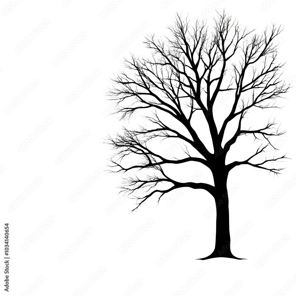 Obraz premium Silhouette of a tree with intricate branches, white isolated background.