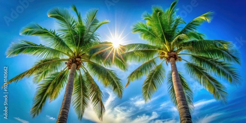 Tropical Paradise Two Majestic Palm Trees Reach Towards the Sun in a Vibrant Blue Sky