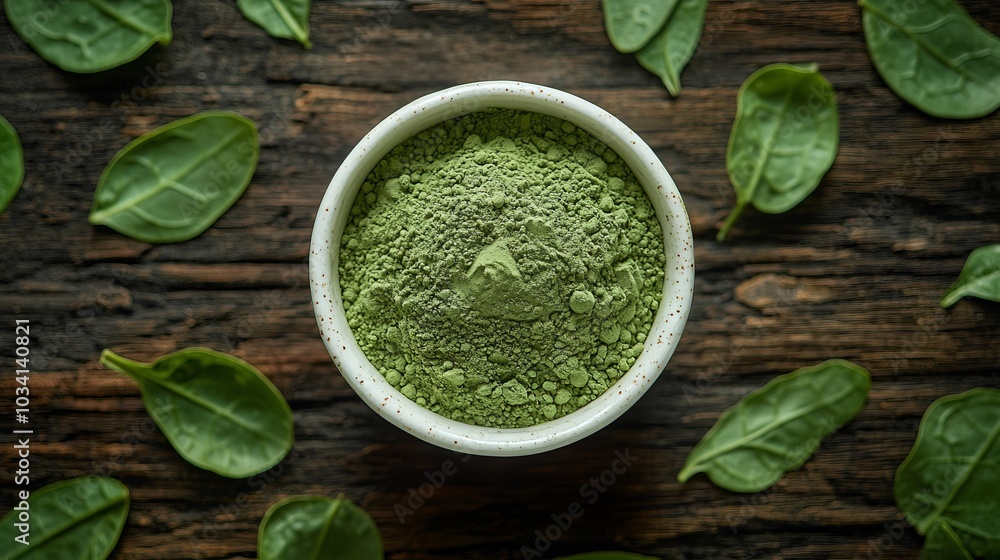 Top view of green herbal powder in a bowl with fresh leaves on dark wood Top view of green herbal powder in a bowl with fresh leaves on dark wood
