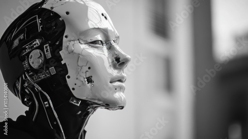 A close-up of a futuristic robotic head, showcasing intricate details and technology.