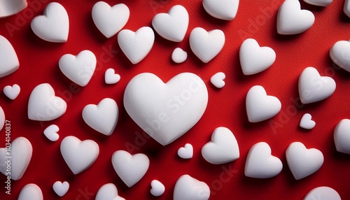 hearts scattered on red background - valentines day concept with space for text