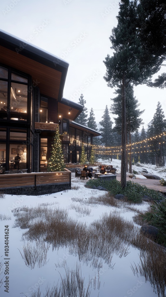 A charming black log cabin features light gray trim, a snow-dusted front porch adorned with Christmas lights, surrounded by pine trees under gently falling snow A charming black log cabin features light gray trim, a snow-dusted front porch adorned with Christmas lights, surrounded by pine trees under gently falling snow