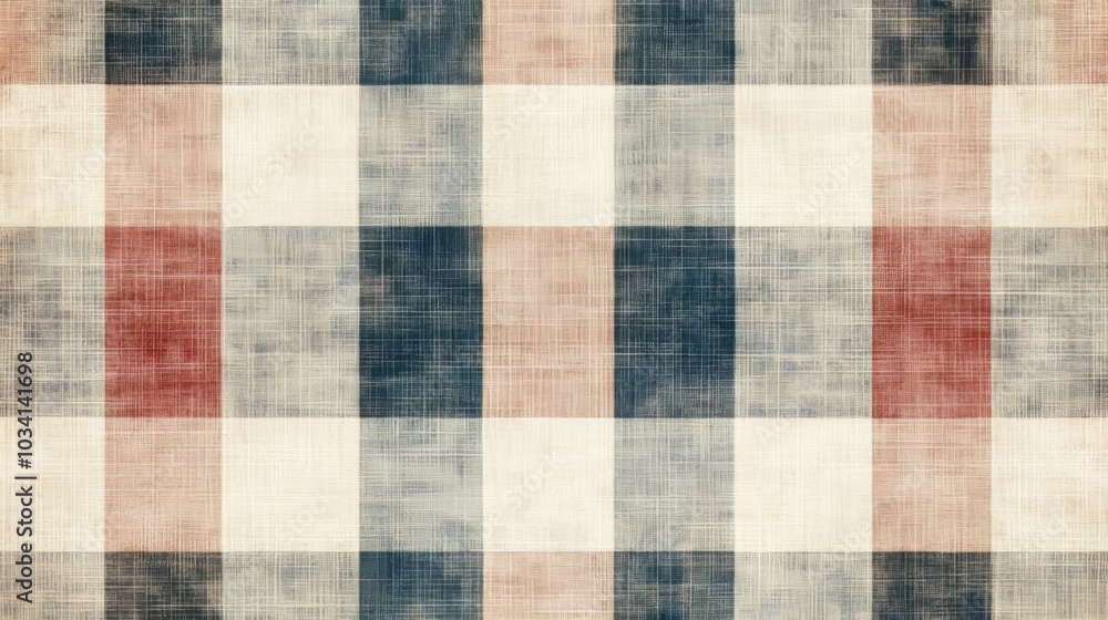 A seamless pattern of red, blue, and white plaid on a textured background. A seamless pattern of red, blue, and white plaid on a textured background.