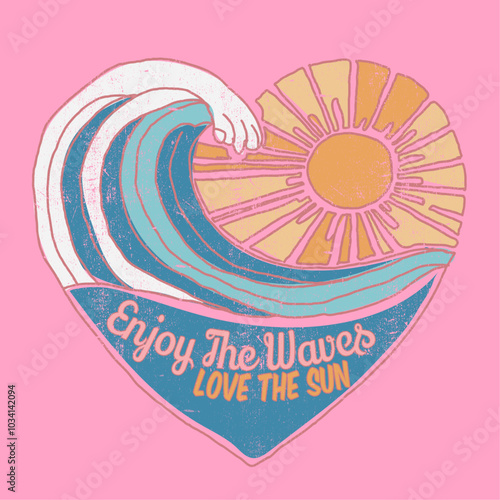 Beach vibes artwork. Summer design for t shirt print, Here comes the sun. Wave love club print design. Sunshine beach artwork.