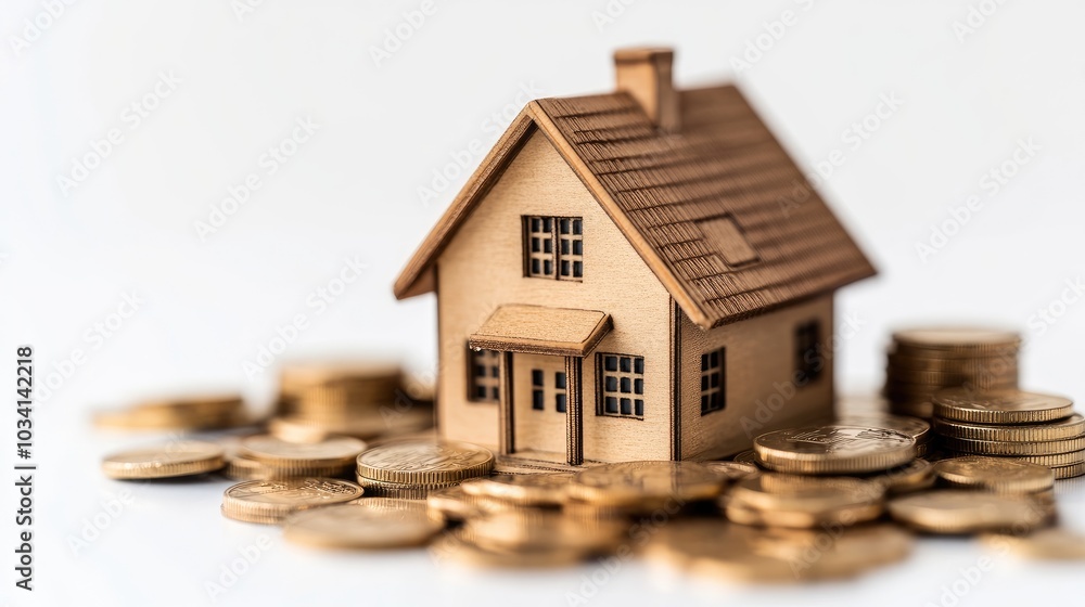 Concept of real estate investment with a house model and coins on a clean white background Concept of real estate investment with a house model and coins on a clean white background