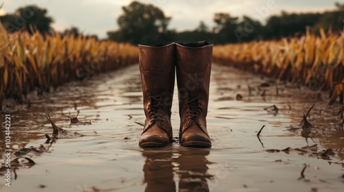 A pair of brown boots stands in a muddy field surrounded by tall crops.