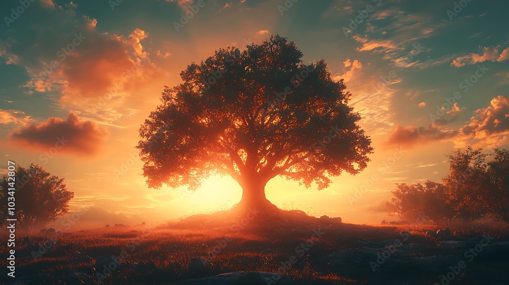 A large tree silhouetted against a vibrant sunset, with the sun shining through its branches, creating a warm glow. A large tree silhouetted against a vibrant sunset, with the sun shining through its branches, creating a warm glow.