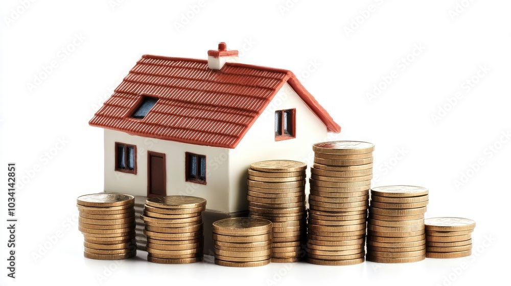 Real estate financial planning depicted with a house model and growing stack of coins on white Real estate financial planning depicted with a house model and growing stack of coins on white