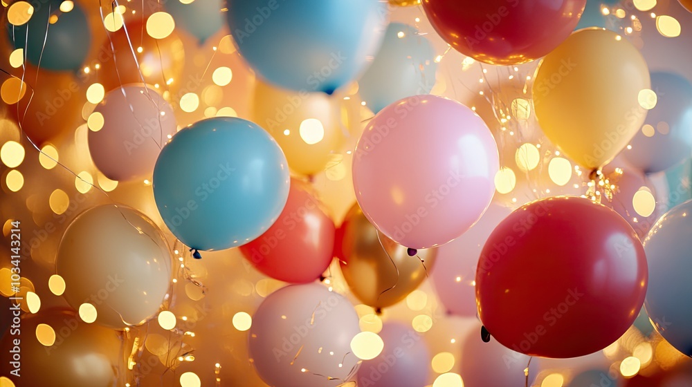 Vibrant, colorful balloons float around twinkling lights, creating a festive atmosphere for celebrations Vibrant, colorful balloons float around twinkling lights, creating a festive atmosphere for celebrations